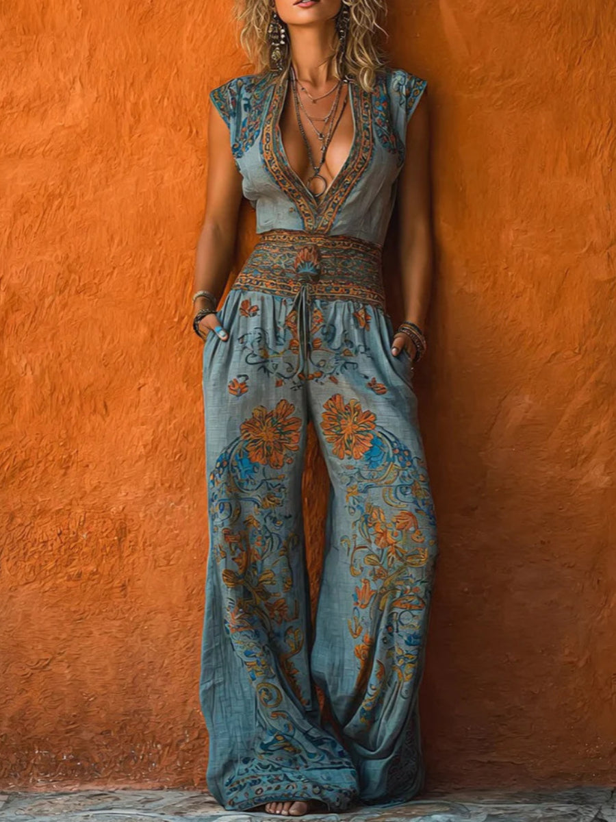 Women's Retro Art Print V-Neck Sleeveless Jumpsuit